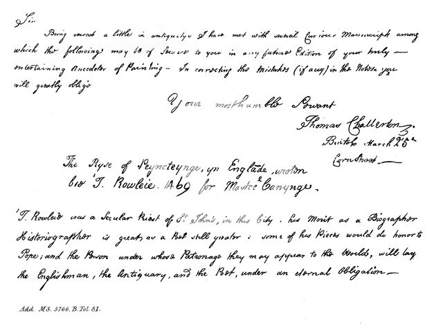 Part of a letter from Thomas Chatterton to Horace Walpole, late 18th century, (1840). Artist: Thomas Chatterton