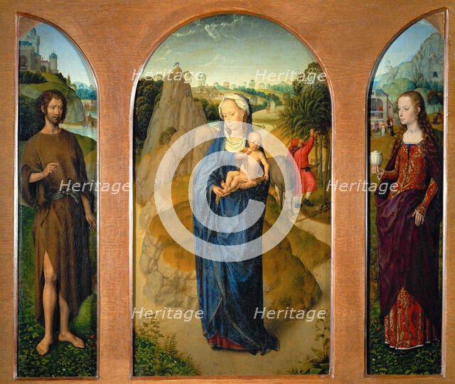 Triptych The Rest on The Flight into Egypt (central panel), Saint John the Baptist..., 1475-1480. Creator: Memling; Hans (1433/40-1494).