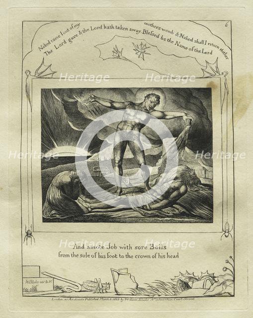 The Book of Job: Pl. 6, And smote Job with sore Boils / from the sole of his foot to the crown..., 1 Creator: William Blake (British, 1757-1827).