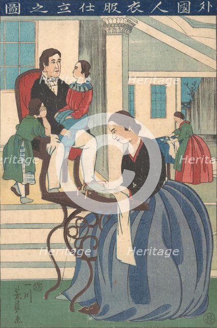 Foreign Family with Wife Making Clothes, 1860. Creator: Yoshikazu.