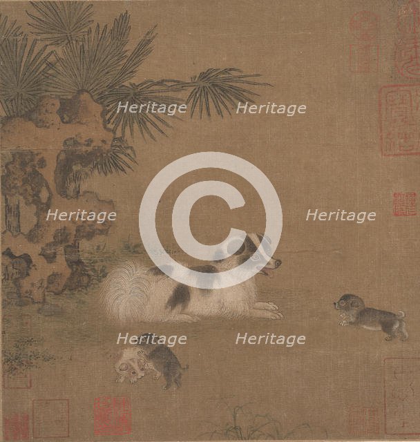 Puppies Playing beside a Palm Tree and Garden Rock, 15th century. Creator: Unknown.