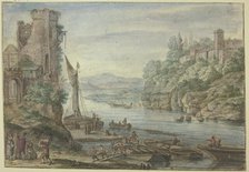 River area, old tower, ships being unloaded. Creator: Herman Saftleven the Younger.