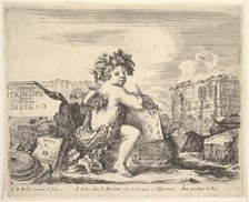 Plate 1: the genius of drawing, a child with wings, seated on a rock in center turned ..., ca. 1641. Creator: Stefano della Bella.