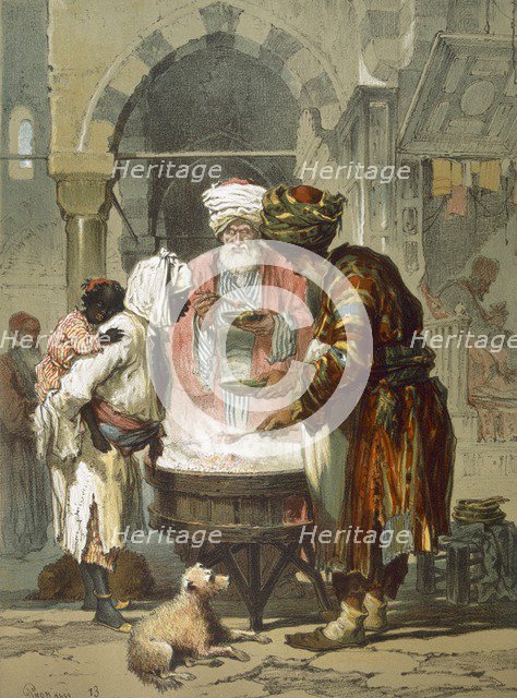 Woman at a street fountain (Sebil), pub. 1865. Creator: Amadeo Preziosi (1816-82).