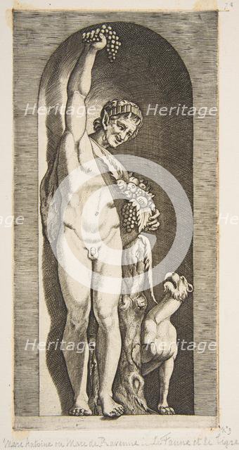 A faun standing in a niche holding aloft a bunch of grapes with his right hand and ..., ca. 1515-27. Creator: Marco Dente.