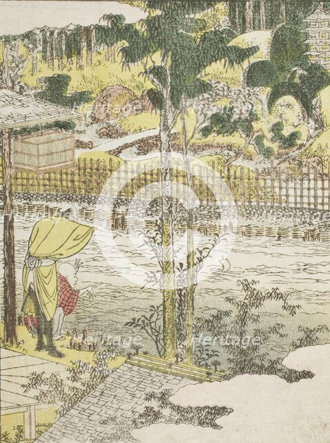 Untitled, river and temple, c1802. Creator: Hokusai.