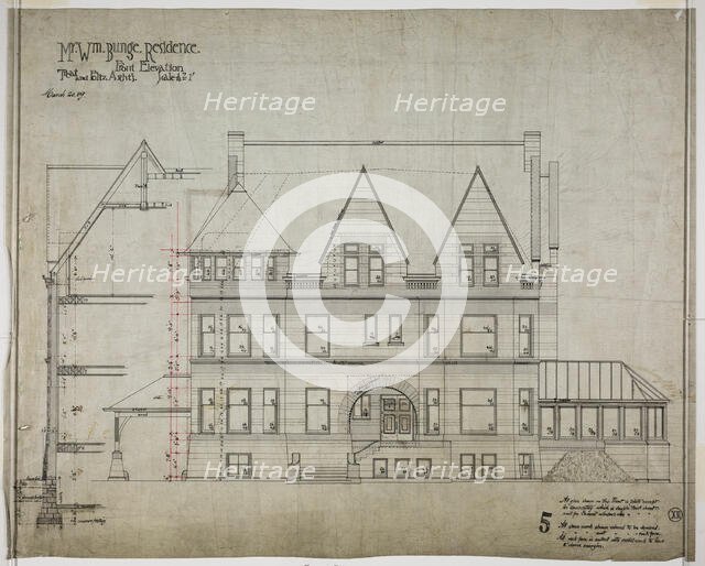 William Bunge House, Chicago, Illinois, Front Elevation, 1889/90. Creator: Treat & Foltz.