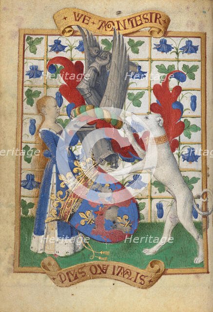 Coat of Arms Held by a Woman and a Greyhound; Hours of Simon de Varie, 1455. Creator: Jean Fouquet.