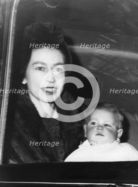 Queen Elizabeth II and Prince Edward in a car on the way to Buckingham Palace, January 1965. Artist: Unknown
