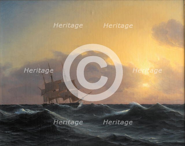 Frigate with rigged undersails in a storm, 1827-1865. Creator: Carl Dahl.