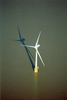 Aerial view of a wind turbine, Scroby Sands Wind Farm, near Great Yarmouth, Norfolk, c2000s. Artist: Historic England Staff Photographer.