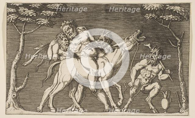 Two satyrs placing Silenus on a braying mule and a third satyr at right, ca. 1515-27. Creator: Attributed to Marco Dente (Italian, Ravenna, active by 1515-died 1527 Rome).