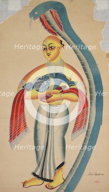 Vasudeva (Krishna's Father) Fleeing with the Infant Krishna Encounters a Cobra, 1800s. Creator: Unknown.