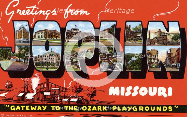 'Greetings from Joplin, Missouri, Gateway to the Ozark Playgrounds', postcard, 1942. Artist: Unknown