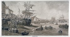 Old houses and boats on the riverbank at low tide, Greenwich, London, c1823. Artist: Anon