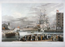 The opening of St Katharine's Dock, London, 1828. Artist: E Duncan