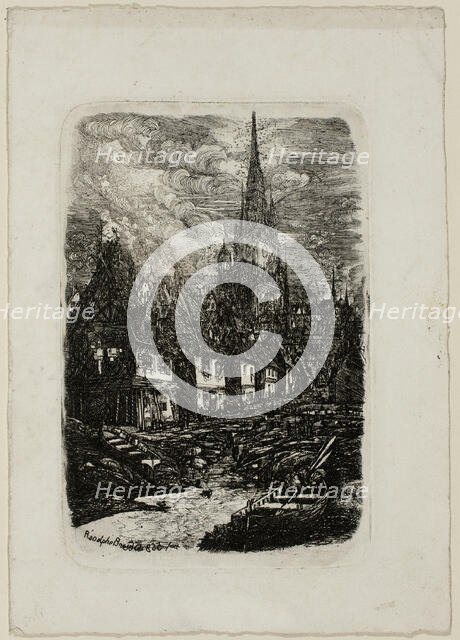 Fishing Port with Pointed Belltower, 1865. Creator: Rodolphe Bresdin.
