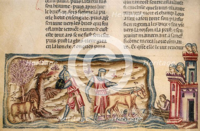 Jason in the Argo, yoking the oxen and slaying the dragon, 1340. Creator: Perrin Remy.