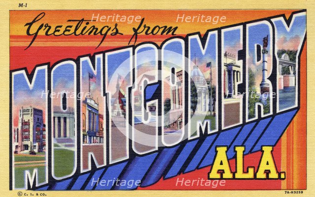 'Greetings from Montgomery, Alabama', postcard, 1937. Artist: Unknown