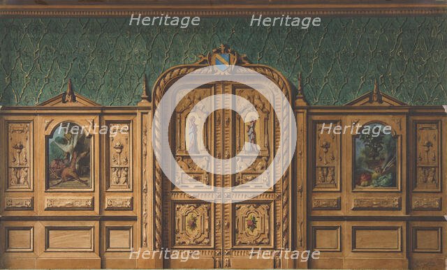 Design for a room with wood panels inset with paintings and a heavily-carved double door, 1830-97. Creators: Jules-Edmond-Charles Lachaise, Eugène-Pierre Gourdet.