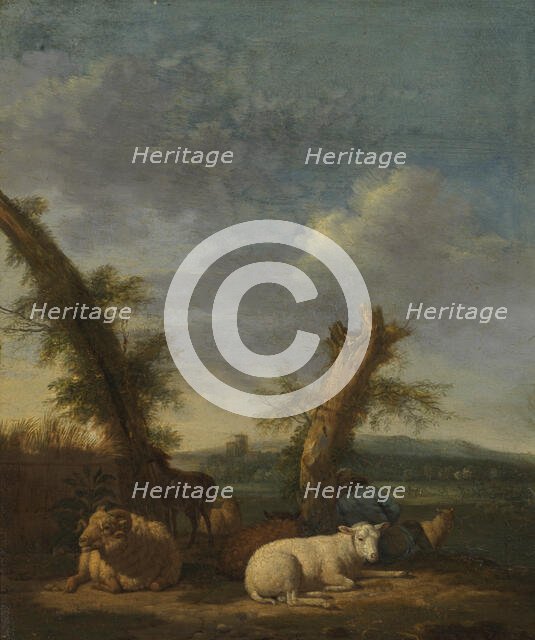 Landscape with Sheep and a Sleeping Shepherd, 1657. Creator: Adriaen van de Velde.