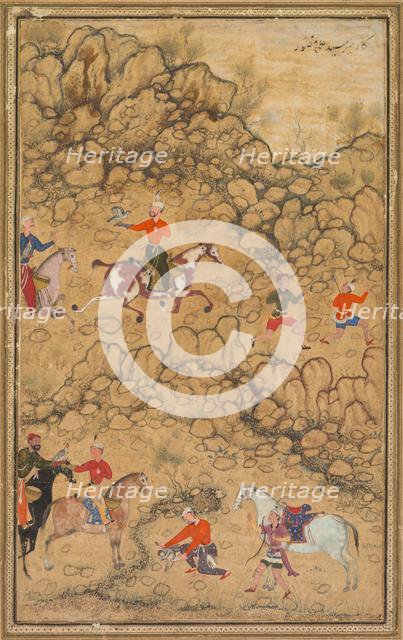 Hunting with falcons in a landscape; Verso: Calligraphy of Chaghatai Turkish poems..., c. 1558-60. Creator: Abd al-Samad (Persian, c. 1510-1600), attributed to.