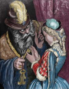 Bluebeard and his wife, 1862. Creator: Gustave Doré.