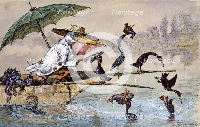Cormorants presenting fish to a pelican in a punt under an umbrella, c1864-1907. Artist: Ernest Henry Griset