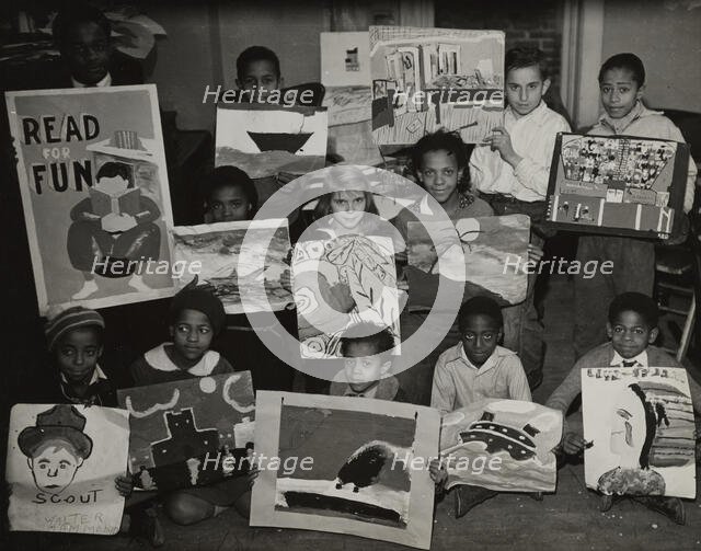 Flatbush art students showing examples of their work, 1935. Creator: Unknown.
