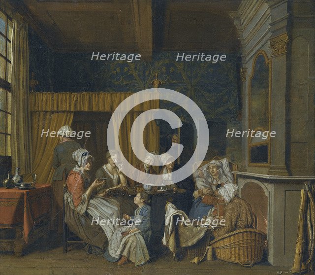 A family taking tea while celebrating the birth of twins. Artist: Horemans, Jan Josef, the Younger (1714-1790)