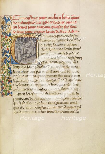 Initial T: The Healing of the Blind after Touching the Body of Saint Anthony, about 1465-1470. Creators: Master of the Brussels Romuléon, Workshop of the Master of the Brussels Romuléon.