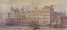 View of Billingsgate Market with figures and boats in the foreground, London, 1877. Artist: CF Kell