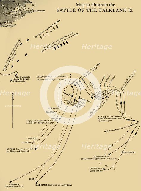 Map illustrating the Battle of the Falkland Islands on 8 December 1914, (c1920). Creator: Unknown.