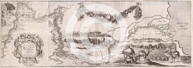 Pictorial map of the Volga River (Illustration from Travels to the Great Duke of Muscovy..., 1634. Creator: Rothgiesser, Christian Lorenzen (?-1659).
