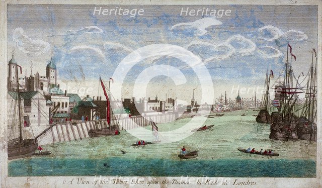 View of the Tower of London with boats on the River Thames, 1751. Artist: John Boydell
