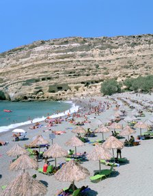 Beach and caves, Matala, Crete, Greece.