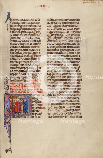 Initial E: Two Men before a Judge and a Third Man Knocking at a Door; Vidal Mayor, about 1290-1310. Creator: Unknown.
