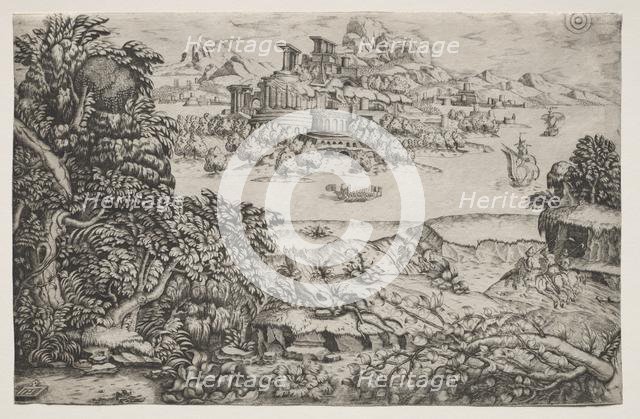 Landscape with a Temple above a Lake, 16th century. Creator: Monogrammist HI (Italian); Monogrammist DB (Italian), and.