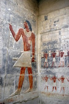 Offering bearers and deceased's portrait, polychrome relief, Mastaba of Kagemni, Saqqara,Egypt, 2003 Creator: Unknown.