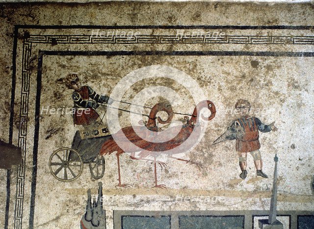 Mosaic with the representation of a chariot drawn by birds.