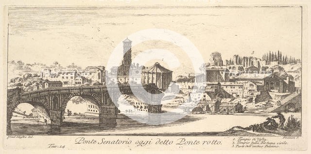 Plate 14: Senatorial Bridge, today called the Ponte Rotto (Broken Bridge). 1. Temple o..., ca. 1748. Creator: Giovanni Battista Piranesi.