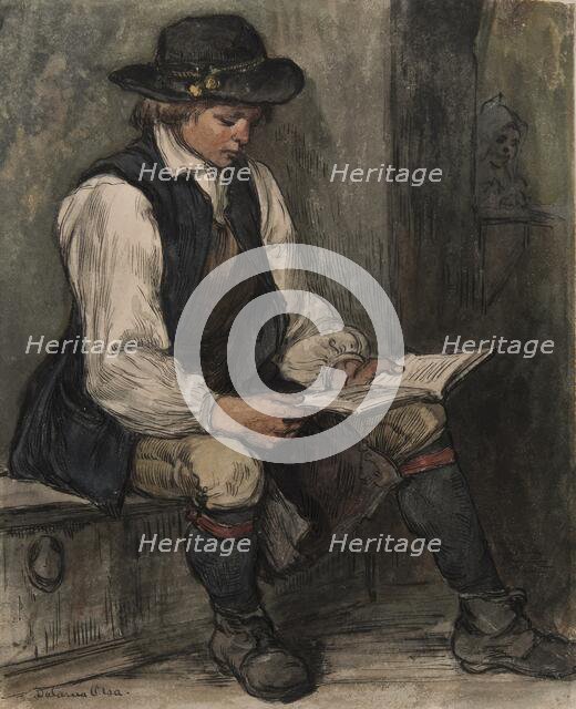 Boy sits and reads in a book, 1860-1890. Creator: Carl Gustaf Hellqvist.