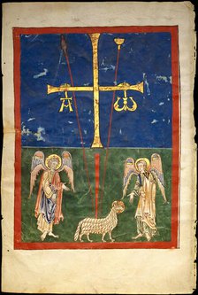 Leaf from a Beatus Manuscript: the Lamb at the Foot of the Cross, Flanked by Two Angels..., c1180. Creator: Unknown.