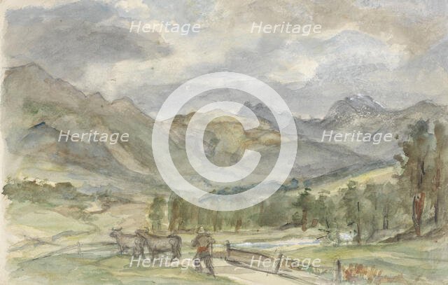 Mountain landscape with herdsman and two cows, 1834-1911. Creator: Jozef Israels.