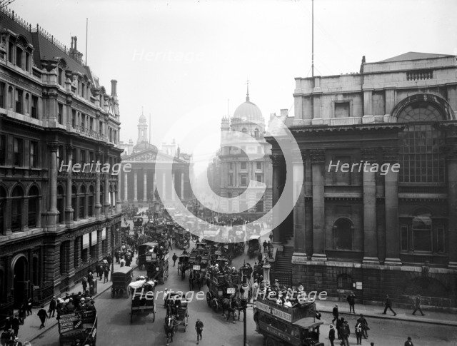 View along Mansion House Street towards the Royal Exchange, London, c1910. Artist: Unknown