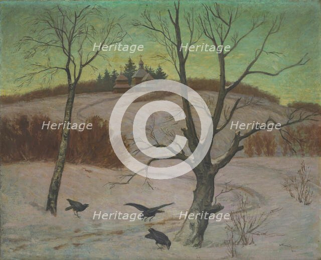 Winter landscape with a church, 1922. Creator: Andrej Kovacik.