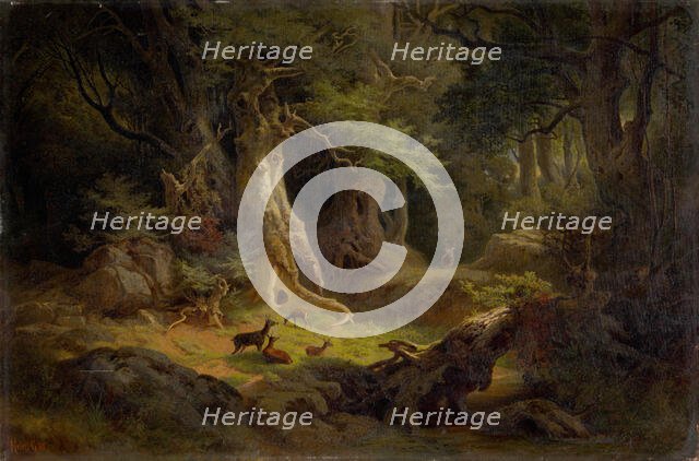 Forest with a herd of deer, 1868. Creator: Gusztav Keleti.