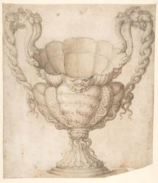 Design for a Decorated Drinking Cup with Floriated Heads around Large Mouth..., n.d.. Creator: Giulio Romano.