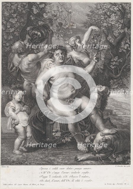 Bacchus seated on a barrel in front of grapevines, with bacchantes, satyrs, and children s..., 1758. Creator: Pietro Peiroleri.