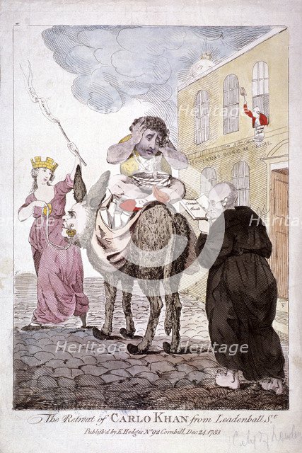 'The Retreat of Carlo Khan from Leadenhall St.', 1783. Artist: Anon